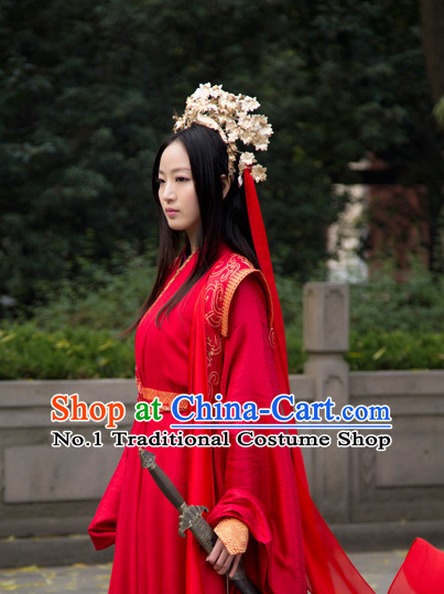 Chinese Traditional Red Wedding Dress and Hair Accessories Complete Set for Women