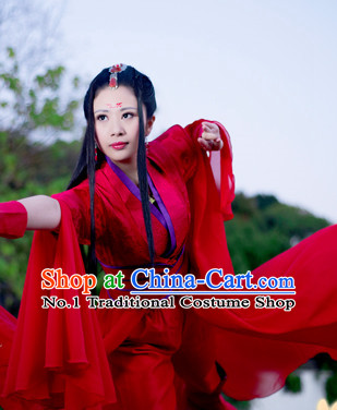 Chinese Traditional Red Swordswoman Outfits and Hair Decorations Complete Set