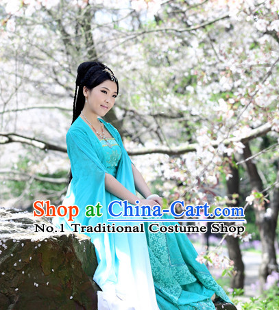 Chinese Traditional Blue Fairy Costumes and Hair Accessories Complete Set