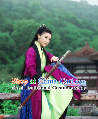 Chinese Traditional Swordwomen Han Fu Clothes and Hair Accessories Complete Set for Ladies