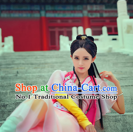 Chinese Traditional Han Fu Clothes Oriental Fairy Costumes and Hair Accessories Complete Set for Ladies