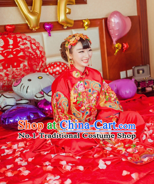 Phoenix Embroidery Chinese Ceremonial Wedding Dresses and Hair Accessories Complete Set for Brides