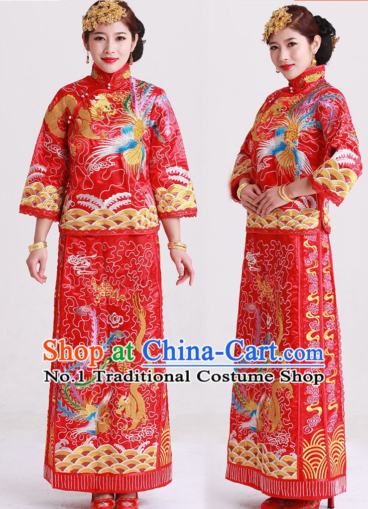 Phoenix Embroidery Chinese Wedding Garment and Hair Accessories Complete Set for Brides