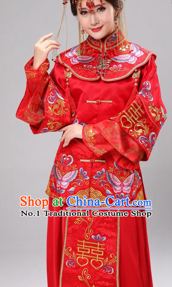 Double Happiness Chinese Wedding Dress and Hair Accessories Complete Set for Brides