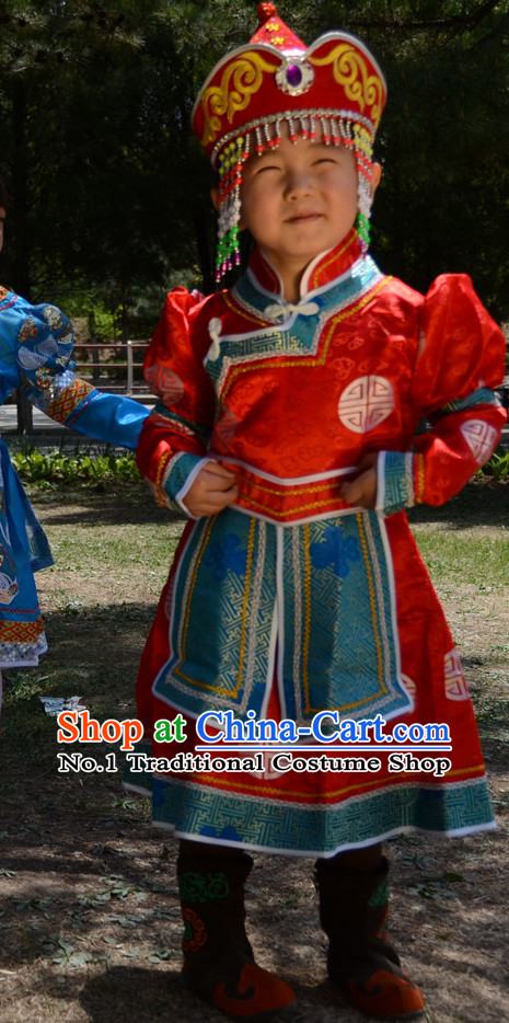 Traditional Chinese Photo Costume Mongolian Costume and Hat Complete Set for Girls