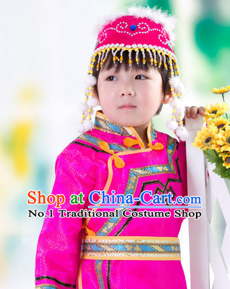 Traditional Chinese Photo Costume Mongolian Clothes and Hat Complete Set for Child