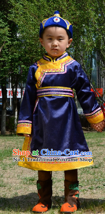 Traditional Chinese Photo Costume Mongolian Clothes and Hat Complete Set for Child