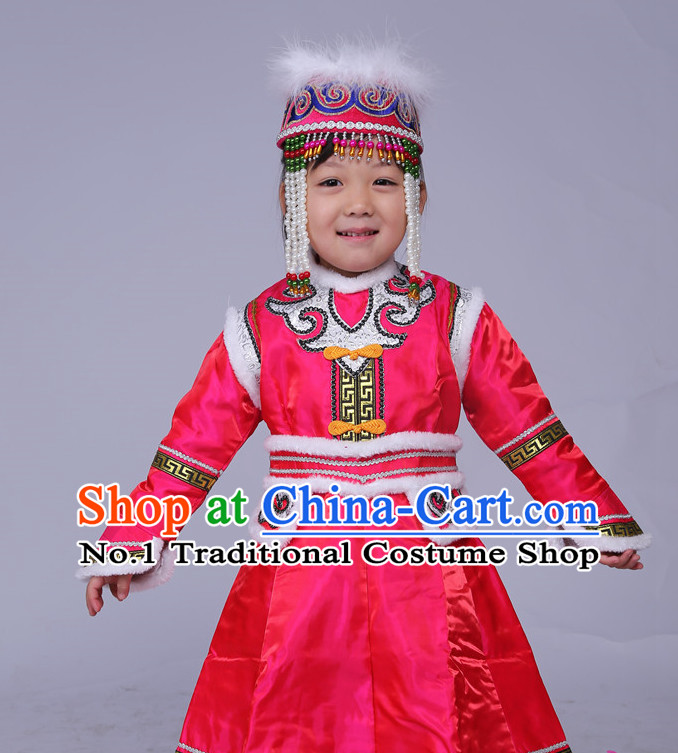 Traditional Chinese Mongolian Long Robe and Hat Complete Set Kids