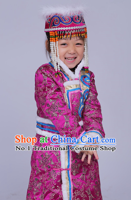 Traditional Chinese Mongolian Long Robe and Hat Complete Set Kids