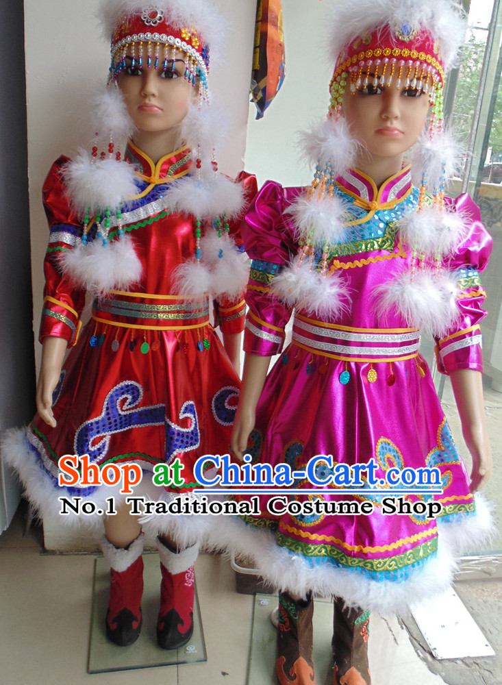 Traditional Chinese Mongolian Long Robe and Hat Complete Set Kids