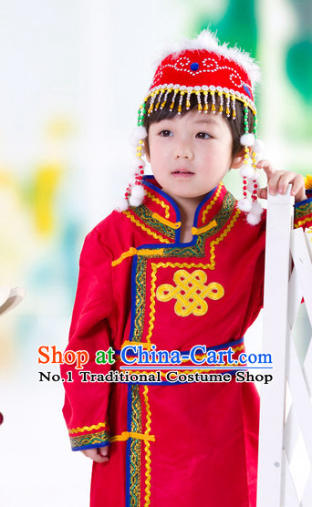 Traditional Chinese Mongolian Dresses and Hat Complete Set Kids