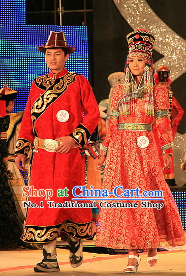 Traditional Chinese Mongolian Clothing 2 Sets for Men and Women