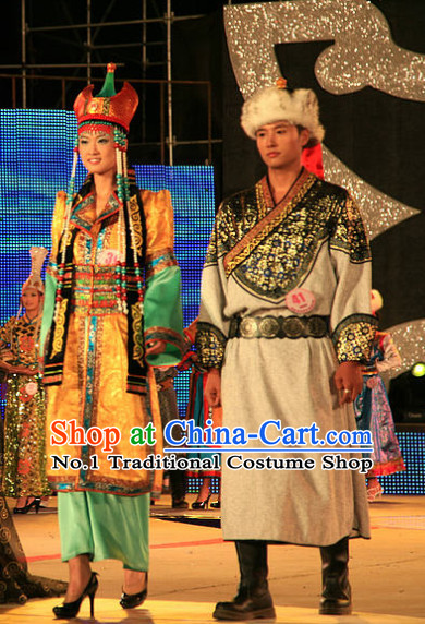 Traditional Chinese Mongolian Long Robes 2 Sets for Women and Men
