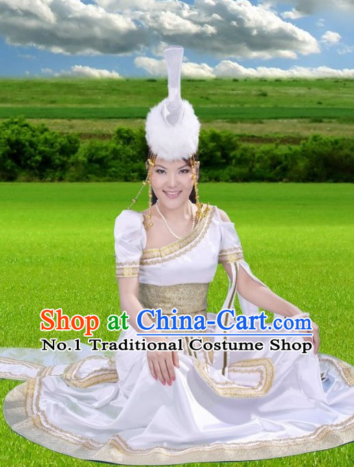 Traditional Chinese Mongolian Costumes and Hat Complete Set for Women
