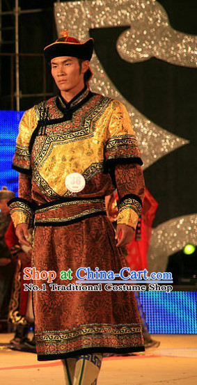 Traditional Chinese Mongolian Long Robes and Hat Complete Set for Men