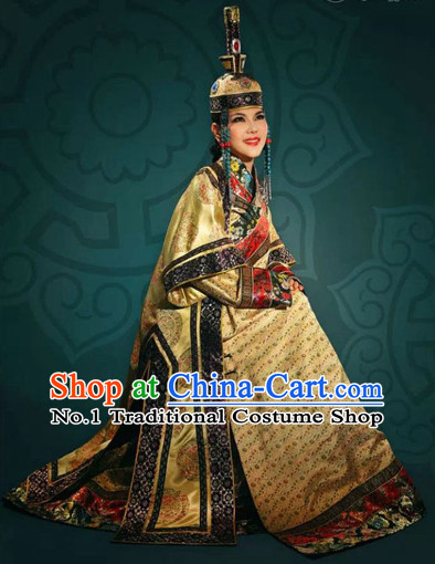 Traditional Chinese Mongolian Long Robes and Hat Complete Set for Women