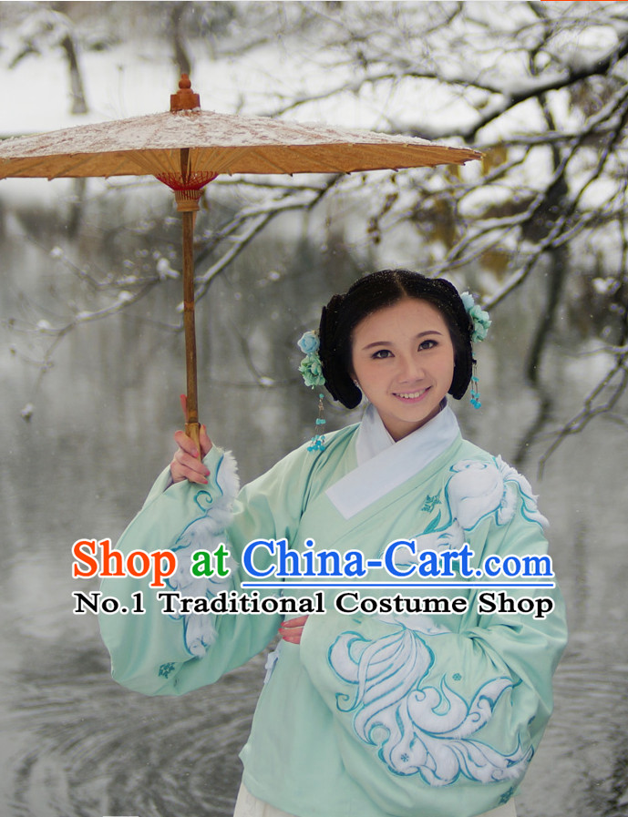 Ancient Chinese Song Dynasty Jacket Attire and Skirt Clothing and Umbrella Complete Set for Women