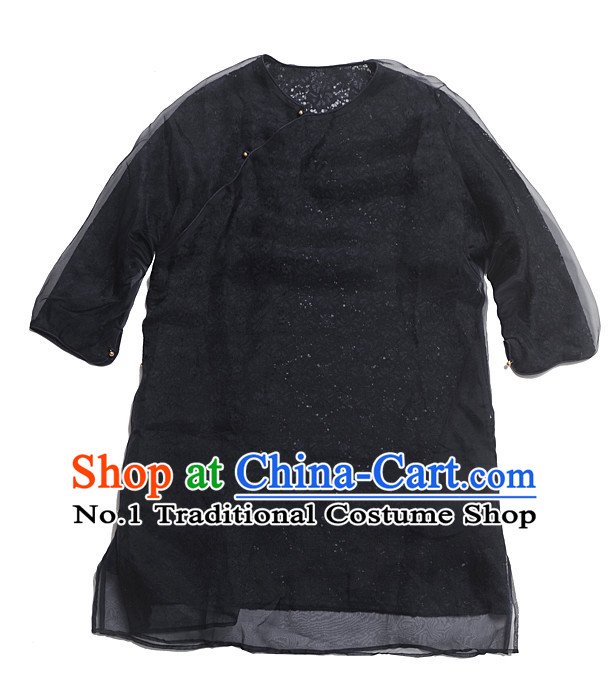 Black Silk Chinese Traditional Short Sleeves Mandarin Blouse for Women