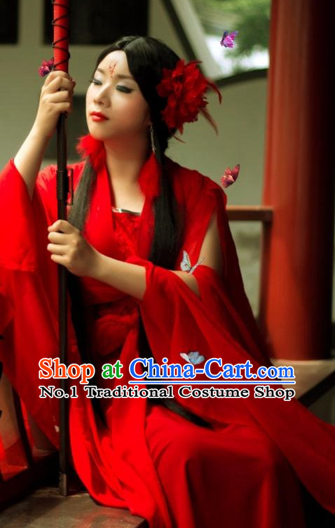 Red Chinese Sexy Swordswomen Halloween Costumes Complete Set for Women