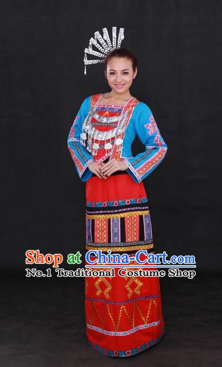 Traditional Chinese Ethnic Li Nationality People Folk Dresses and Hat Complete Set for Women