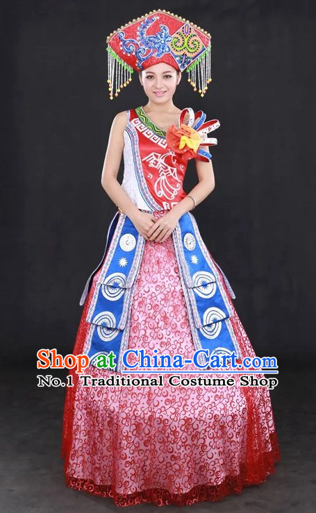 Traditional Chinese Zhuang People Folk Dresses and Hat Complete Set for Women