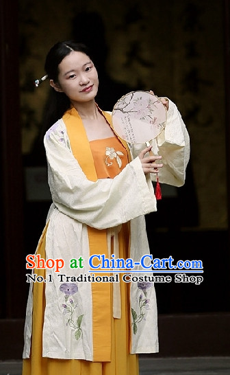Chinese Folk Hanfu Robe Clothes and Fan Complete Set for Women