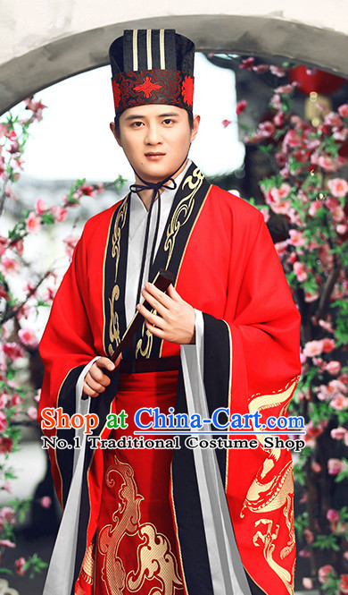 Red Chinese Ancient Bridegroom Wedding Dresses and Hat Complete Set for Men