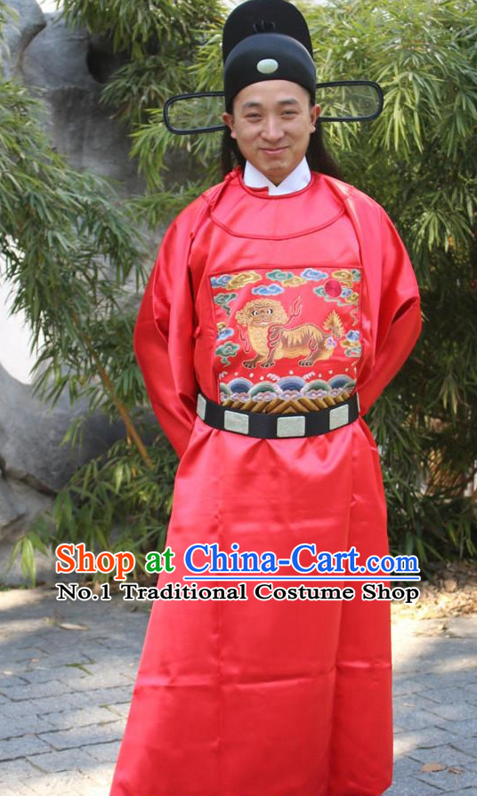 Chinese Ancient Ming Dynasty Prime Minister Costumes and Hat Complete Set for Men