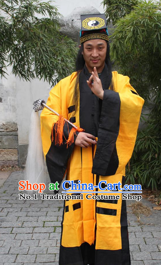 Chinese Ancient Taoist Costumes and Hat Complete Set for Men
