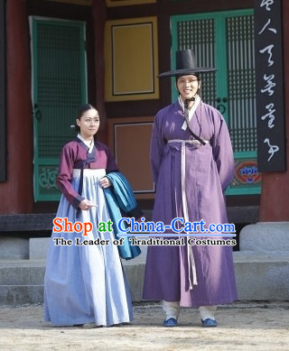 Ancient Korean Husband and Wife Costume and Hat 2 Complete Sets