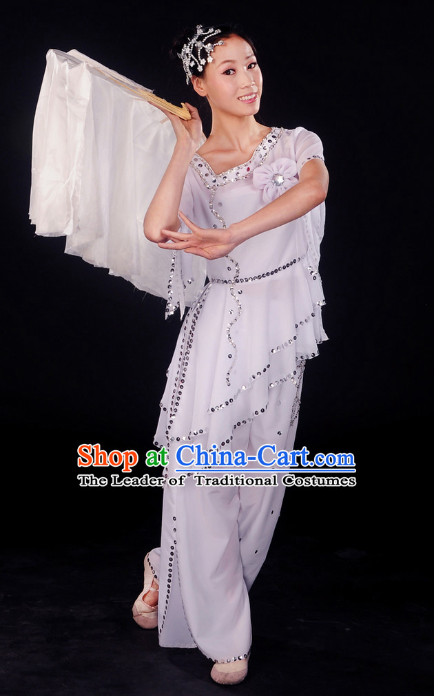 Chinese Pure White Dance Costumes and Headwear Complete Set for Women