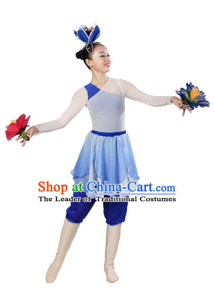 Blue White Flower Dancewear and Flower Hair Decorations Complete Set for Women