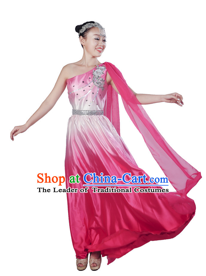 Chinese Color Transition Dance Dresses and Headwear Complete Set for Women
