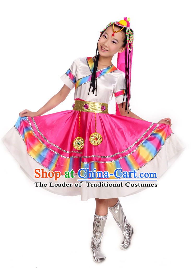 Tibetan Dance Costumesand Hair Decoration Complete Set for Kids