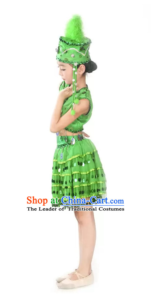 Green Stage Performance Dance Costume and Headpieces for Kids