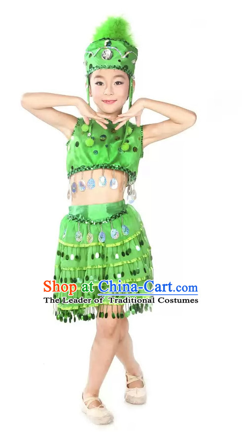 Green Stage Performance Dance Costume and Headpieces for Kids