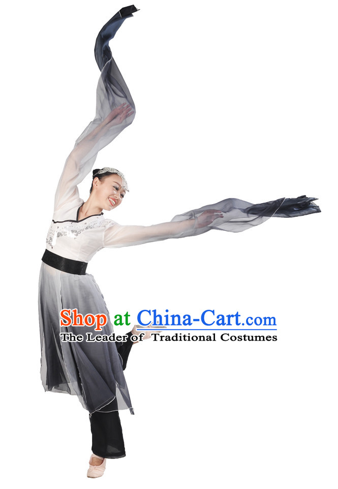 Water Sleeves Color Transition Hanfu Costume and Headpieces Complete Set for Women.