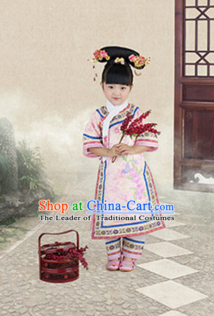 Qing Dynasty Kids Princess Clothes and Headwear Complete Set