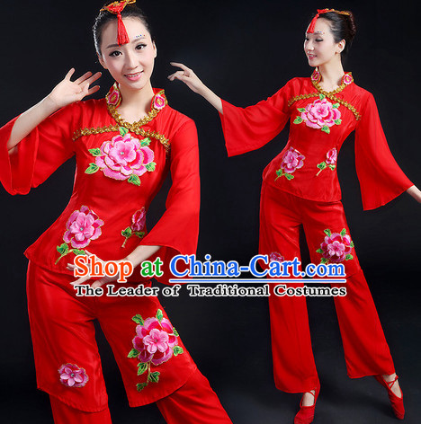 Chinese New Yer Gala Folk Fan Dance Costume and Head Pieces Compelte Set