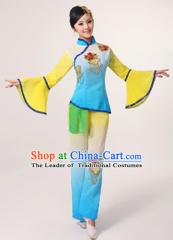 Chinese Folk Fan Group Dancing Costume and Hair Jewelry Complete Set