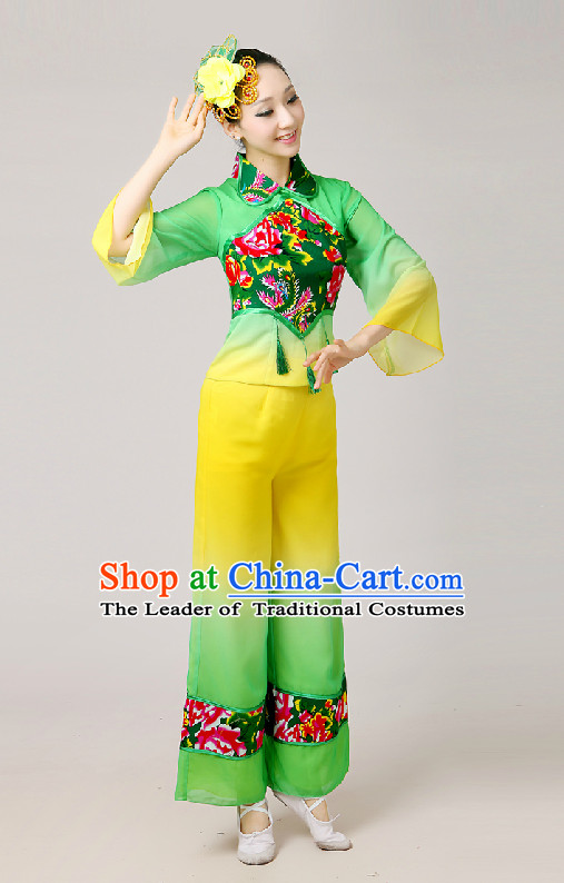 Chinese New Year Folk Fan Group Dance Costumes and Hair Jewelry Complete Set