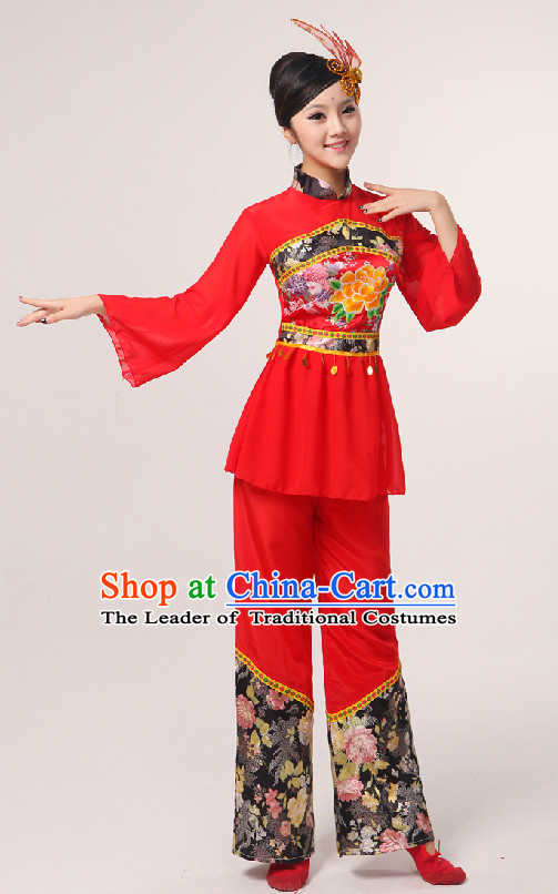 Red Chinese Folk Fan Group Dance Costume and Hair Jewelry