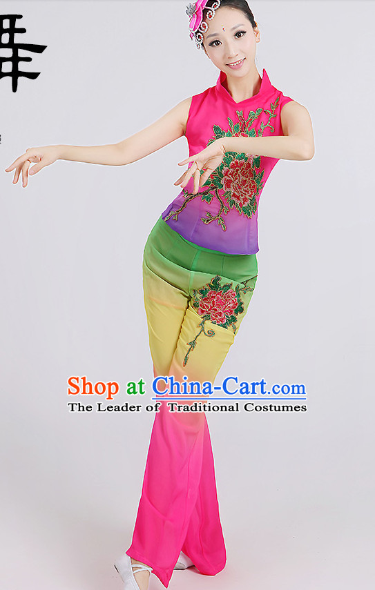 Chinese Group Fan Dancewear Dance Clothes and Hair Decorations Complete Set for Women
