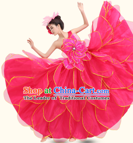 Red Chinese Ballroom Dancing Wholesale Clothing Dance Costumes Dancewear Dance Clothes and Headpieces Complete Set for Women