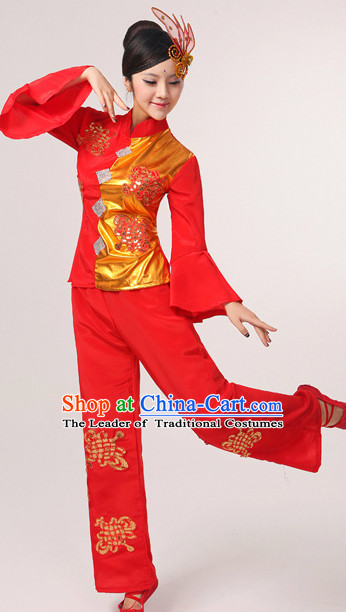 Chinese Lucky Red Fan Dancing Clothes and Headpieces Complete Set for Woen