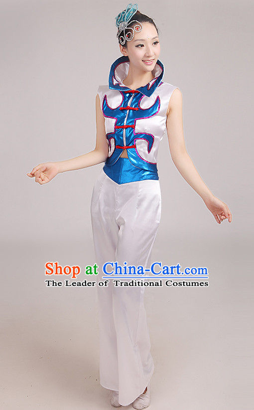 High Collar Chinese Fan Dance Costumes Dancing Clothes and Headpieces Complete Set for Woen