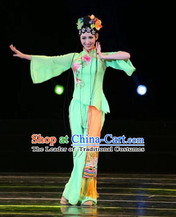 Top Chinese Fan Dancing Costume and Hair Decorations Complete Set