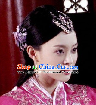 Chinese Qing Dynasty Female Black Long Wigs and Hair Ornaments