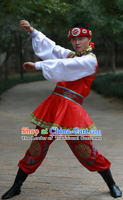 Chinese Custom Made Folk Dance Costume and Headpieces Complete Set for Men