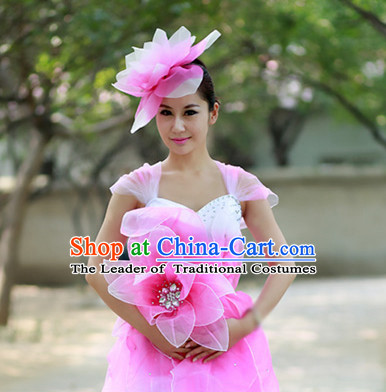 Chinese Custom Made Folk Flower Pink Dance Costume and Headpieces Complete Set for Women